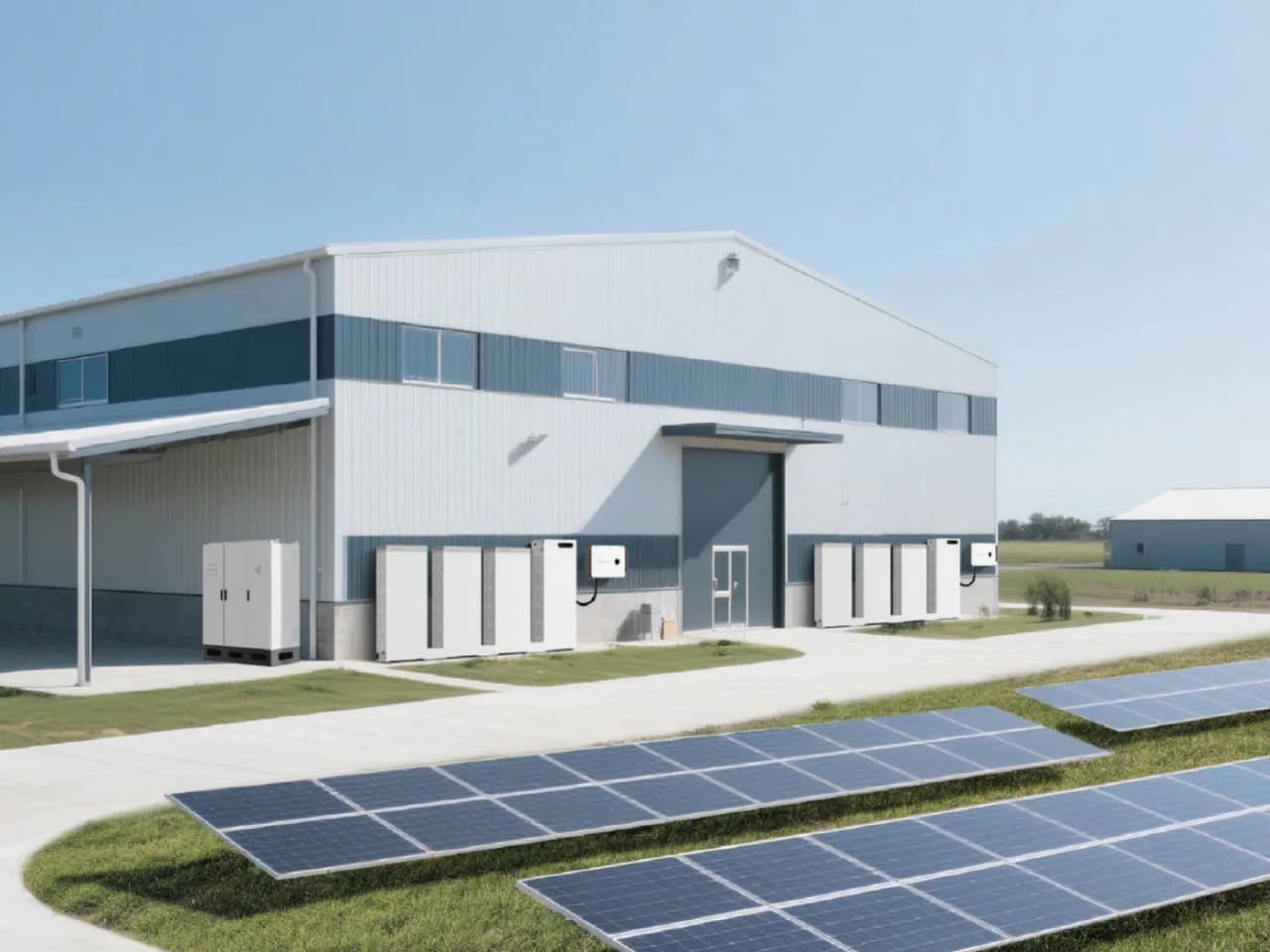 Sigenergy industriālā saules sistēma ar akumulatoriem pie noliktavas
