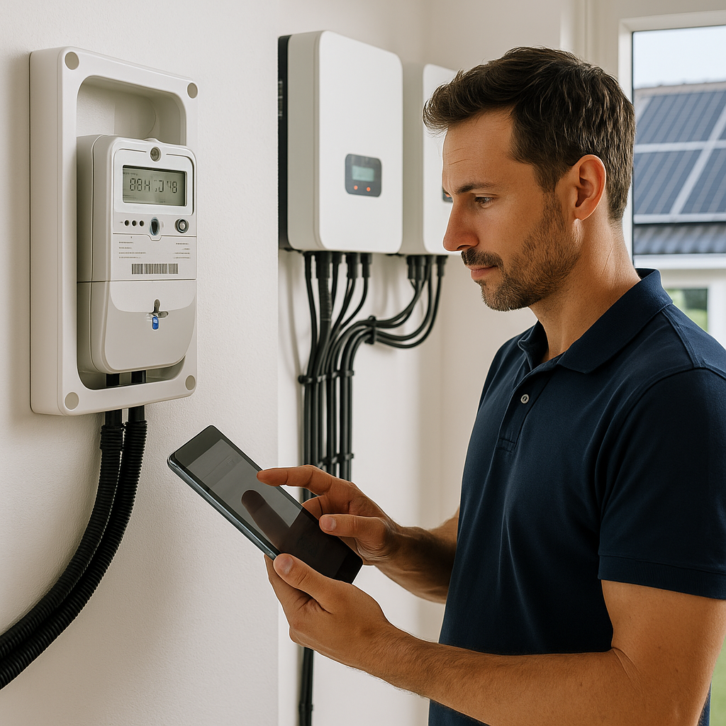 Viedie skaitītāji Latvijā uzstādīti uz mājas sienas, pieslēgti pie saules paneļu sistēmas, kas ļauj precīzi uzskaitīt elektroenerģiju.