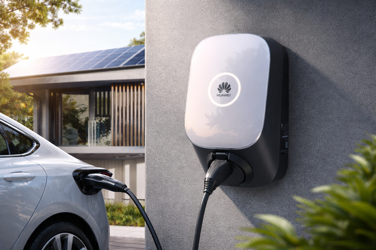 Huawei elektroauto uzlāde ar sienas EV lādētāju, kas darbojas kopā ar saules paneļiem un enerģijas pārvaldības sistēmu.
